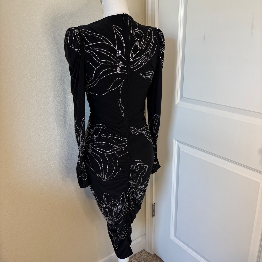 Rococo Sand Dream Black Rhinestone Floral Ruched Midi Dress Long Sleeve V-Neck S - Picture 5 of 8